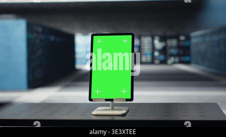 Green screen tablet in data center used for doing maintenance on infrastructure, improving workload. Mockup device in server farm used by high tech server clusters for parallel processing Stock Photo