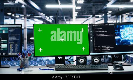 Data center green screen computers showing neural network visualization and code debugging software running. Chroma key PCs in server room powering machine learning and automated research tasks Stock Photo