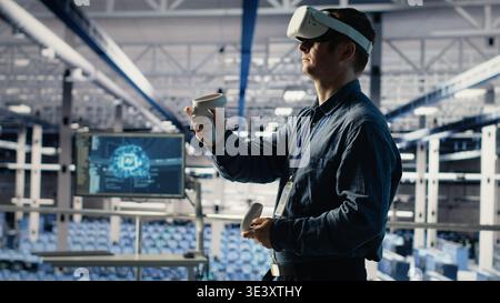 Programmer in server room wearing VR headset optimizing deep learning systems handling tasks. Data center IT specialist adjusting AI model parameters using virtual reality, camera B Stock Photo