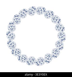 Minimal Easter eggs round frame with small floral pattern in Scandinavian blue line art style. Vector isolated illustration on white background. Stock Vector