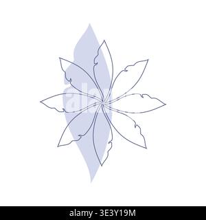 A minimalist abstract floral design presents a single flower with eight delicate blue-outlined petals. A soft periwinkle shape flows behind the central bloom, set against a clean white background. Stock Vector