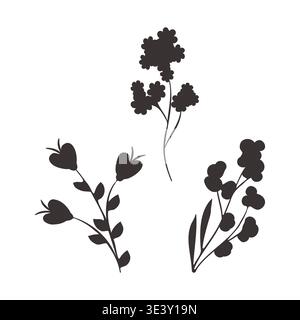 Three distinct abstract floral silhouettes are presented in black on a clean white background. Stock Vector