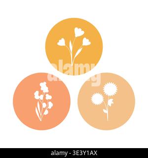 A set of three distinct white floral cutout designs are shown within orange-toned circles. The stylized flowers include bell-shaped, cluster, and spiky varieties, placed on a white surface. Stock Vector