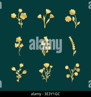 Nine elegant golden floral design elements are arranged on a deep teal background. Each stylized plant features delicate leaves and blossoms, perfect for decorative projects. Stock Vector