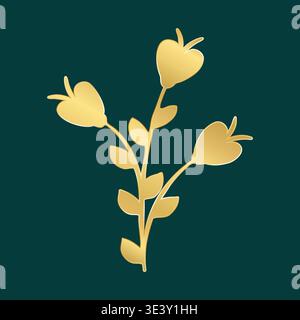 A stylized golden plant with a main stem and three heart-shaped buds appears on a rich dark teal background. Several small golden leaves extend from the main stem. Stock Vector