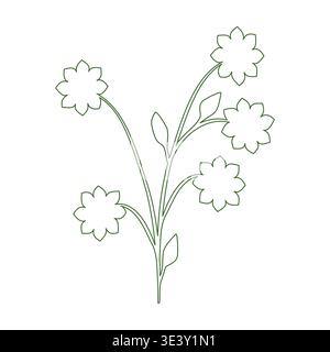 A charming line art drawing presents a flowering plant with a green outline against a white backdrop. Stock Vector
