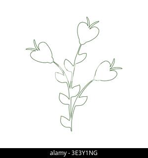 This minimalist line art illustration shows a small plant with three simple green flowers. Each flower has a heart shape with small petals at the top. Stock Vector