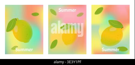 Summer set poster Abstract colorful gradient and fruit element mesh background. Design social media posts, landing pages, and apps. Vector illustration. Stock Vector
