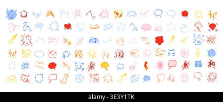 Color comic effect manga elements set on clean white background. Bright pop art explosions, bubbles, lightning and text clouds for playful superhero headlines, sales banners and kids comic designs. Stock Vector