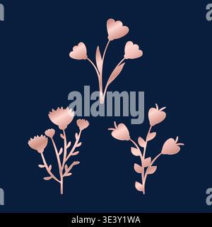 A trio of elegant rose golden floral designs is presented on a deep navy blue background. Each botanical element features stylized flowers and leaves, creating a sophisticated decorative set. Stock Vector