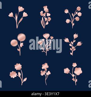 Nine unique rose golden floral elements displayed on a dark blue background. Each distinct flower and branch design is stylized. This elegant set offers golden floral elements for creative projects. Stock Vector
