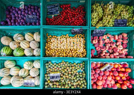 A colorful array of fresh plums, melons, grapes, and peaches are neatly arranged in green crates at a bustling fruit stall in Vannes, Brittany, France Stock Photo