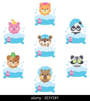 Set of cute funny cartoon animals taking a bath. Bath accessories. Sticker collection. Vector illustrations, isolated on a white background. Stock Vector