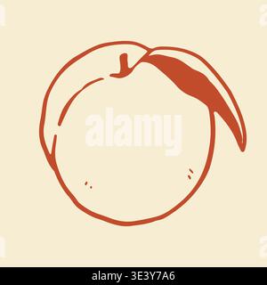 Minimalist vector graphic of a whole peach with a small leaf. This artistic hand drawn fruit sketch works well for natural product labels and kitchen Stock Vector
