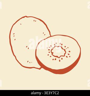 Hand drawn vector illustration of a whole kiwi and a sliced half showing seeds. Minimalist line art design is perfect for organic food packaging and Stock Vector