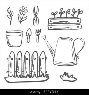 Set of gardening vector graphic illustrations. Watering can, fence, seedlings of greens in box and pot. Isolated hand drawn doodle of garden inventory Stock Vector