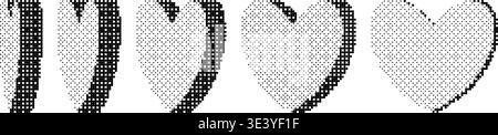 Bitmap halftone heart set. Pixelated heart-shaped design elements for banner, poster, leaflet, sticker, collage. Dither 3d rasterized rotating hearts collection. Retro Y2K 8 bit effect bundle. Vector Stock Vector