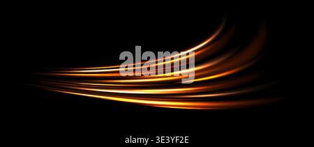 Red orange light trail element. Glowing neon speed line wave. Hot fire color luminous curved path concept. Abstract bent dynamic motion stripes. Shiny fiery streaks for poster, banner, flyer. Vector Stock Vector