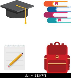 A clean flat vector collection featuring a graduation cap, stacked books, a notebook with pencil, and a red backpack. Stock Illustration. Stock Vector