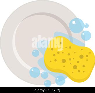 Flat minimal vector of a yellow sponge scrubbing a dirty plate with soap bubbles, symbolizing kitchen cleaning, hygiene, and household chores. Stock Vector
