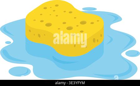 Vector cartoon of a yellow cleaning sponge absorbing a liquid puddle on a flat surface, ideal for household chores. Stock Illustration. Stock Vector