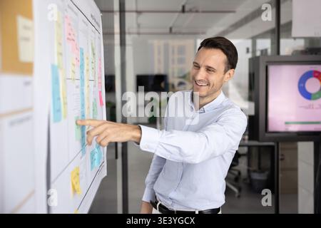 Cheerful mid adult businessman point at note on agile wall Stock Photo
