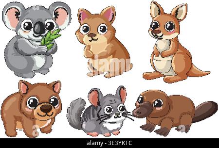 Six adorable Australian animals including a koala, kangaroo, and platypus on a white background Stock Vector