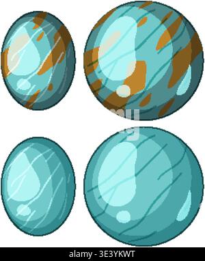 Vector illustration of four glossy blue spheres, brown abstract markings, cartoon style, white highlights Stock Vector
