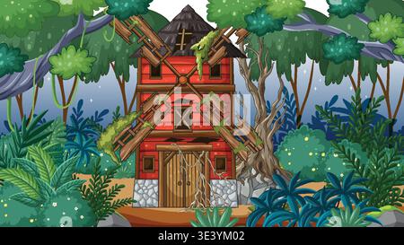 Colorful cartoon windmill house overgrown by dense jungle plants, front view, bright flat illustration Stock Vector