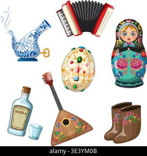 Colorful vector illustration of Russian cultural symbols including matryoshka, balalaika, samovar, and accordion. Stock Vector