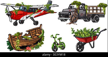 Cartoon abandoned transport and tools covered in lush greenery, detailed vector illustration on white background Stock Vector
