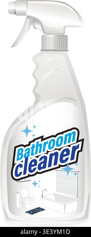 Transparent spray bottle with bathroom cleaner label, clean bathroom icons, white background, vector style Stock Vector