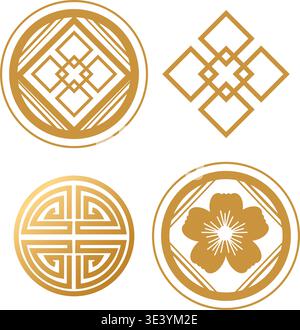 Four gold vector icons with geometric patterns and floral motifs on a white background Stock Vector