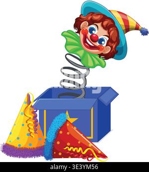 Cheerful jack-in-the-box clown springing from blue box with party hats on white background Stock Vector