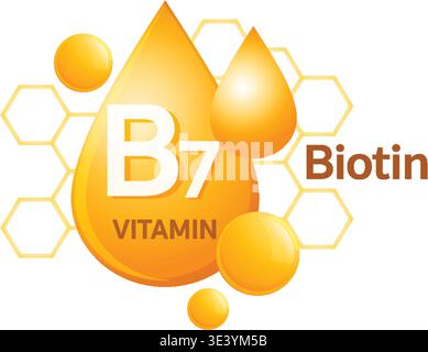 Bright vector illustration of vitamin B7 biotin with orange droplets and hexagonal background elements Stock Vector