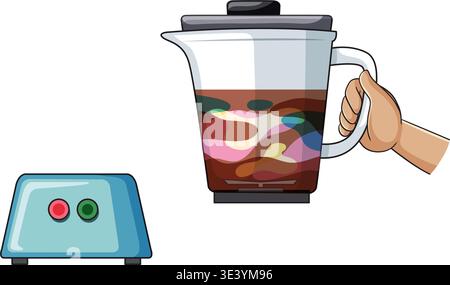 Cartoon vector illustration of a hand holding a blender jar with colorful ingredients. Stock Vector