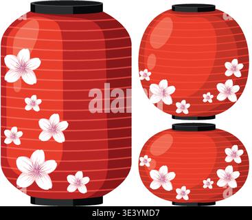 Three red lanterns with cherry blossoms, vector illustration, flat style, clean lines, vibrant colors Stock Vector