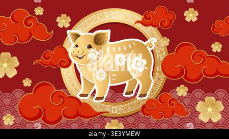 Golden pig vector illustration with traditional red clouds and floral patterns on a red background Stock Vector