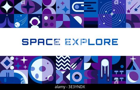 Modern galaxy space banner with geometric Bauhaus pattern. Universe exploration Bauhaus geometric pattern vector flyer. Space research banner with blue and purple planets, comets, stars and astronaut Stock Vector