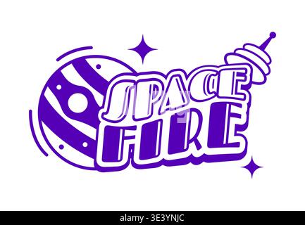 Purple Y2K streetwear space fire icon or emblem. Apparel typography Y2K label element, brand text retro isolated vector emblem. Clothing graphic vintage print or streetwear futuristic funky icon Stock Vector