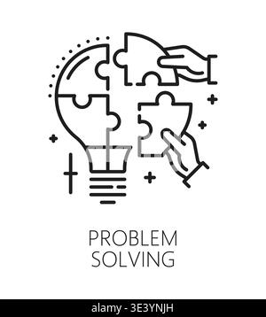 Problem solving life skills line icon or pictogram. Human life skills outline vector symbol, people potential icon. Problem solving personal ability lineart pictogram with light bulb jigsaw puzzle Stock Vector