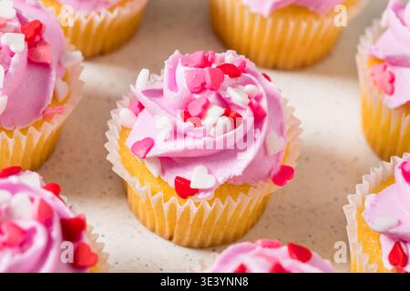 Pink Homemade Valentines Day Cupcakes with Buttercream Frosting Stock Photo