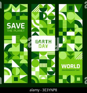 Ecology environment banners with geometric patterns of green circle, triangle and square shapes. Vector ecology and nature conservation banners set with abstract modern pattern for World Earth Day Stock Vector