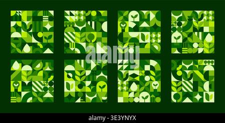 Environment ecology geometric nature pattern tiles. Abstract modern geometric shapes vector backgrounds set with green circles, squares and triangles pattern. Eco green leaves and trees mosaic tiles Stock Vector