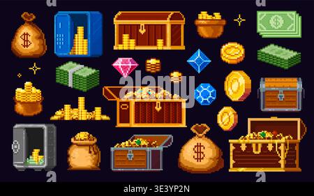 8 bit pixel art golden coins, jewelry and money banknotes, cash bundles, gems and treasure chests. Vector arcade treasure chest and retro fantasy game pixel development assets of money and gold coins Stock Vector