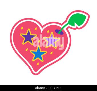 Retro Y2K groovy heart berry sticker or funky patch. Retro 90s vector label, funky 2000s patch. Y2K cool sticker or vintage nostalgic tag with strawberry heart shape berry and stars Stock Vector