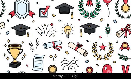 Graduation elements cap, folded graduate diploma, gold award cup, laurel wreath seamless pattern. University, college graduation concept. Texture for degree ceremony. Doodle style vector Stock Vector