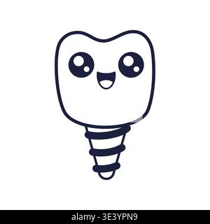 Outline Dental Implant, healthcare, oral hygiene and treatment. Kawaii dental implant character. Vector isolated on white. Cute tooth implant coloring page Stock Vector