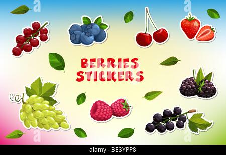 Cartoon berry fruit stickers. Vector ripe strawberry and cherry, fresh blueberry, raspberry and grapes, currant and blackberry with green leaves, cartoon berry stickers set on colorful blur background Stock Vector