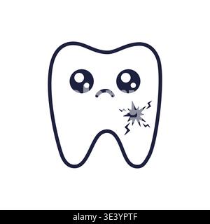 Outline Sad tooth character with a cavity. Kawaii Tooth Icon for Children Dental Clinic. Dental Hygiene Concept. Coloring page. Vector Stock Vector